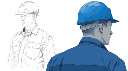 Professional Drawing of Man in Blue Uniform and Hard Hat for Project Site Visuals