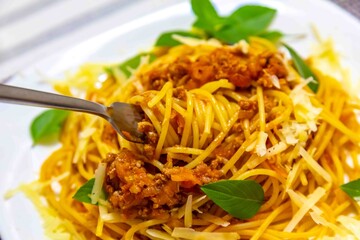 The most traditional spaghetti bolognese, well-lit and well-framed photo