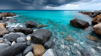Tropical rocky coastline with turquoise sea and bright sun for travel photography, beach destination branding or summer campaign visuals