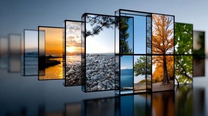 Digital composition of multiple nature seasons stacked visually for environment awareness, calendar design or seasonal campaign graphics