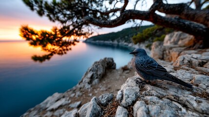Twisted pine tree over coastal cliff at sunset for nature photography, travel destinations or peaceful lifestyle branding visuals imagery