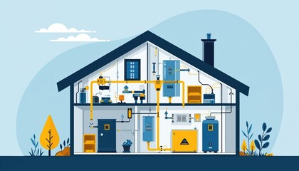 Illustration presents cross section home showing electrical and plumbing systems. Visualizes water heating system and house wiring. It is suitable for articles about construction and engineering.