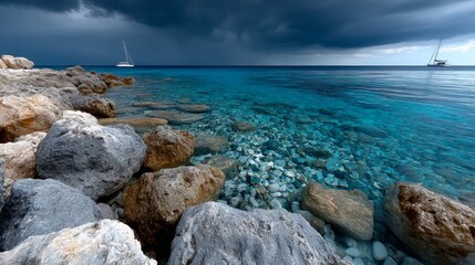 Tropical ocean shoreline with rocky foreground and clear blue water for travel destination marketing or beach tourism branding campaigns