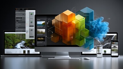 Abstract digital composition with 3D graphics and monitor screen for technology branding, app design or futuristic marketing campaign