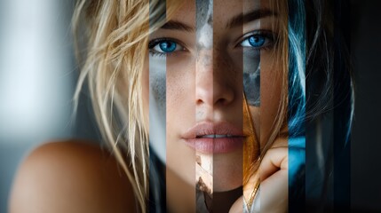 Double exposure portrait of woman with reflections for conceptual photography, identity branding and modern fashion editorial content