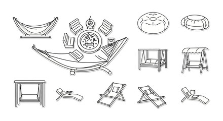 outdoor furniture arrangement for patio relaxation creating a cozy backyard retreat with hammocks fire pit seating and lounge chairs for leisure time.