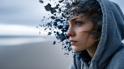 Woman merging with digital particles in surreal portrait for futuristic identity concept and artificial intelligence technology imagination design