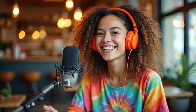 Young woman with curly hair wears orange headphones. She smiles near studio microphone recording audio content. Blogger creates podcast series in cafe for followers online. She speaks into equipment.