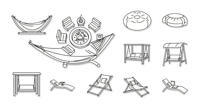 outdoor furniture arrangement for patio relaxation creating a cozy backyard retreat with hammocks fire pit seating and lounge chairs for leisure time.