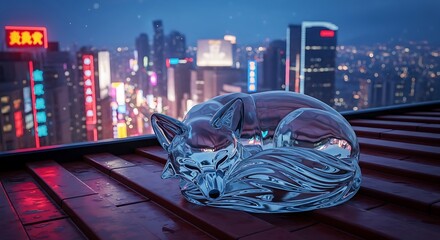 Futuristic Fox Sculpture Rests on Rooftop Overlooking Neon Cityscape at Night.