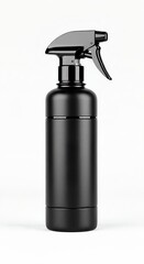 Sleek black spray bottle for cleaning products or cosmetics packaging mockup against white backdrop