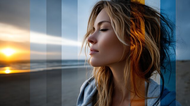 Artistic portrait of woman with segmented overlay blending nature and beauty for conceptual identity visuals and surreal branding content