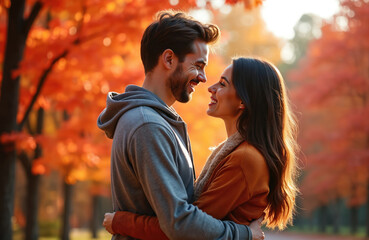 Fototapeta premium Young couple hugs in red autumn park. Man and woman smile, look at each other, enjoying warm day outdoors. Fall season love romance, casual clothes, happy relationship.