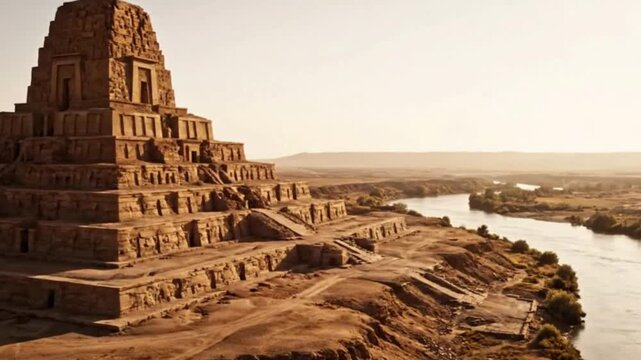 Mesopotamian Ziggurat Beside the Tigris with Cinematic Desert Haze and Long Shadows