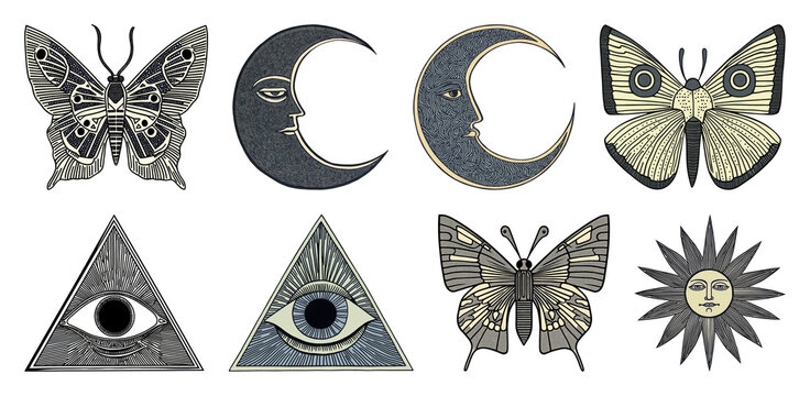 PNG Mystical symbols with celestial elements, element set on transparent background