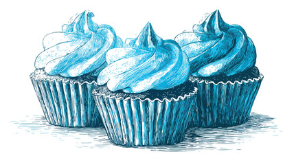Delicious Cupcakes with Blue Icing - Vector Illustration for Bakery Designs