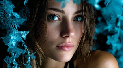 Mysterious woman under deep blue foliage expressing emotion solitude artistic cinematic vibe and moody forest hidden portrait moment