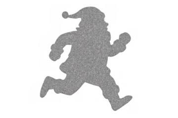Running santa claus silhouette with silver metallic noise texture on transparent background, holiday urgency concept