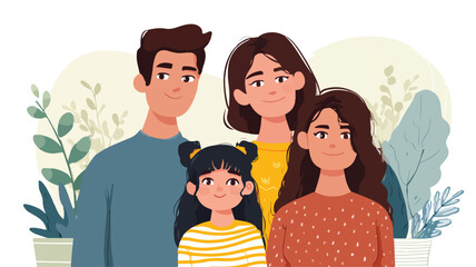 Professional Family Photo with Little Girl in Vector Outline Style