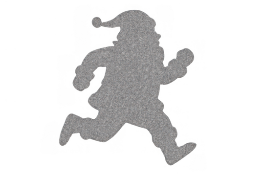 Running santa claus silhouette with silver metallic noise texture on transparent background, holiday urgency concept