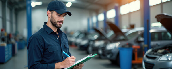 Automotive worker with beard wears cap and uniform, writing on clipboard near cars in workshop. Professional mechanic checks vehicle in garage. Busy auto service industry.