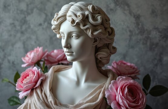 White classical bust of woman with curly hair on grey marble background. Pink roses adorn statue. Ancient beauty, feminine grace represented by art piece, combining classical art, fresh nature