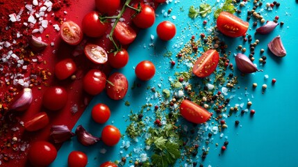 Colorful flat lay of food ingredients on blue background showing culinary creativity freshness and visual appeal in modern food photography