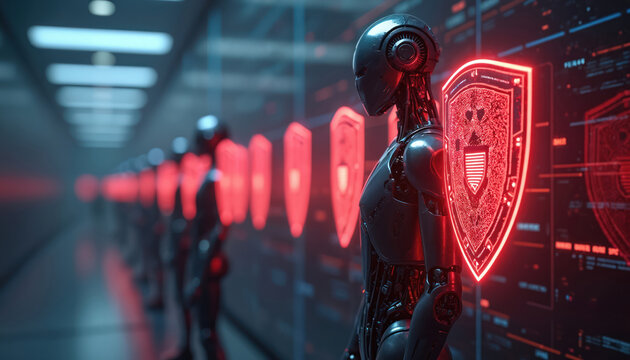 Robots stand in line holding glowing red shields. Futuristic androids protect digital data in a high tech server room with complex glowing interfaces on walls.