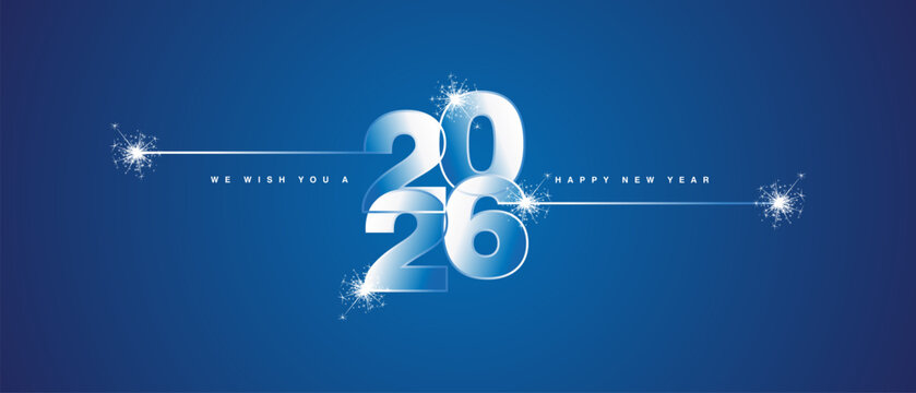 Happy New Year 2026 eve loading line design art numbers logo with sparkle fireworks white blue light vector wallpaper greeting card