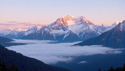 Sunrise over snowcapped mountains, golden light illuminating winter peaks and valleys, breathtaking landscape showing nature’s majestic beauty