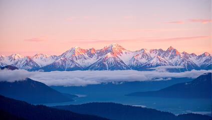 Sunrise over snowcapped mountains, golden light illuminating winter peaks and valleys, breathtaking landscape showing nature’s majestic beauty