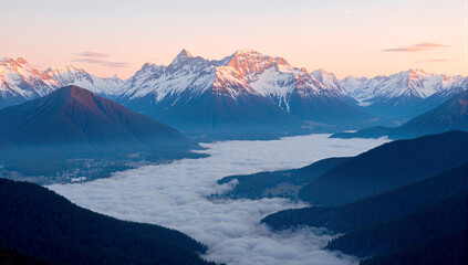 Sunrise over snowcapped mountains, golden light illuminating winter peaks and valleys, breathtaking landscape showing nature’s majestic beauty