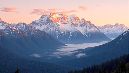 Sunrise over snowcapped mountains, golden light illuminating winter peaks and valleys, breathtaking landscape showing nature’s majestic beauty