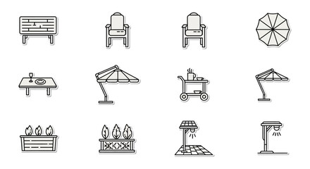 outdoor furniture icons a bench chairs tables and planters illustrating patio design perfect for landscaping plans  garden layouts