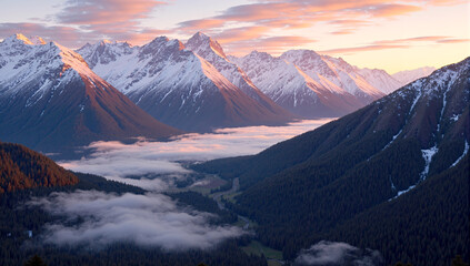 Sunrise over snowcapped mountains, golden light illuminating winter peaks and valleys, breathtaking landscape showing nature’s majestic beauty