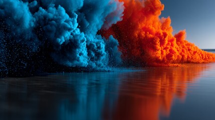 Explosive red and blue powder cloud over water reflection for abstract vibrant art and color motion background design