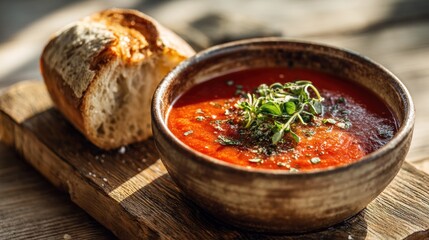 Rustic tomato soup, garnished, served with crusty bread on a wooden board in warm lighting