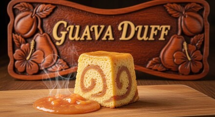 Bahamian Guava Duff Slice with Sauce Pool – Mahogany Sign, Guava Fruit & Hibiscus Motifs | Sweet Nostalgic Light