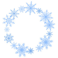 Elegant circular frame made of blue snowflakes isolated on white background. Minimalistic winter vector illustration perfect for Christmas cards, seasonal design, invitations, and festive decoration