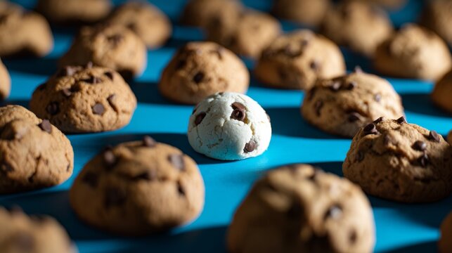 Chocolate chip cookies on blue background with central contrast showing sweets food styling bakery product photography and texture