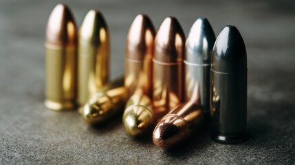 Assorted bullets standing upright on dark surface