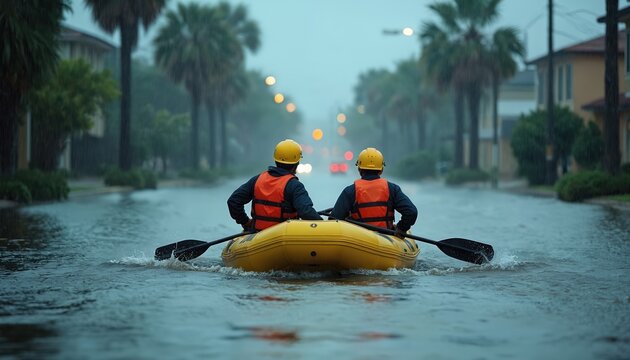 Two rescuers in life vests and helmets row yellow boat down flooded city street. Palm trees line submerged road during hurricane. Heavy rain falls, water covers houses, cars.