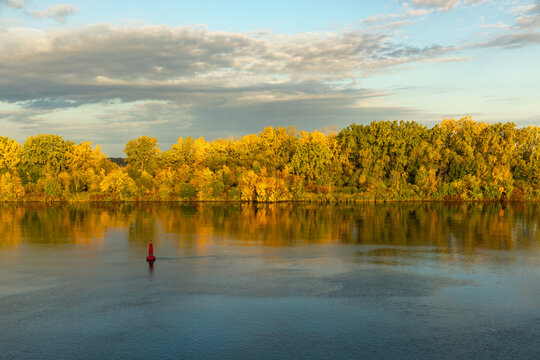 Autumn Fall Seasonal Color Along the Canal de Beauharnois on the St. Lawrence River in Quebec, Canada