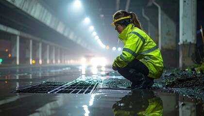 Stormwater Engineer Checking Drainage Grates Near Flooded Underpass