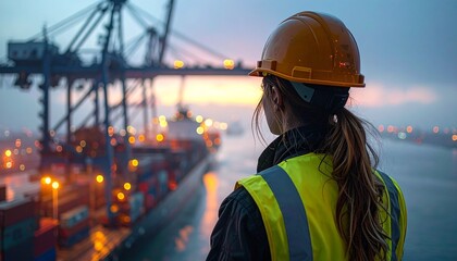 Obraz premium Harbor Crane Controller Monitoring Container Movement at Foggy Dusk
