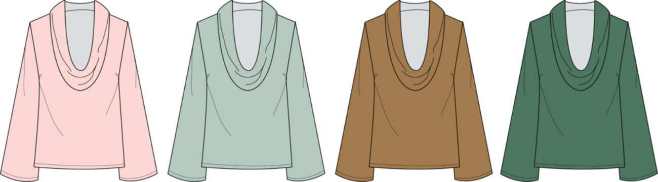 Collection of four long-sleeved sweaters in various colors and cowl neck designs, presented flat