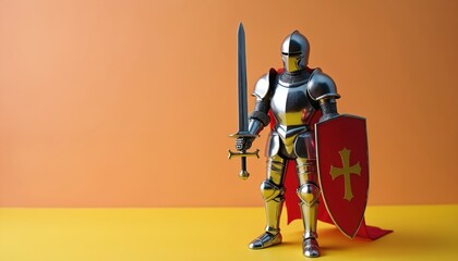 Toy knight in shining metal armor stands with sword and shield. The figure wears a red cape against an orange and yellow background. It looks ready for a medieval battle or fantasy adventure game.