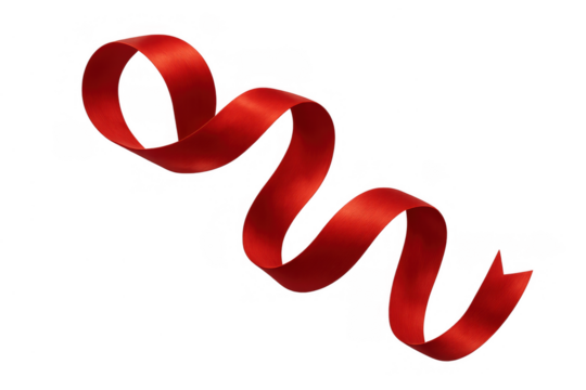 Red satin ribbon floating, curling, and swirling, celebrating holidays, gifts, and special events on transparent background