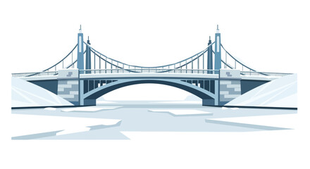 Fototapeta premium Architectural vector illustration of a bridge over a frozen river in winter. Flat Vector Illustrations. EPS Editable