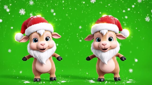 Two festive, cartoonish deer-like creatures wearing Santa hats and surrounded by falling snow